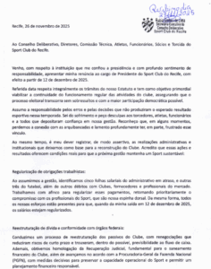 Carta de Renuncia de Yuri Romão do Sport. 